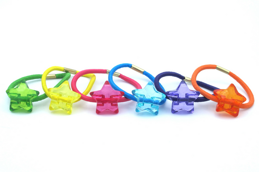Ella - 6-Pak Hair Elastics With Acrylic Hearts, Stars, Balls in asst colors