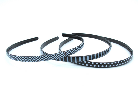 Kai -  3 Pack Asst Printed White-On-Black Motif Hairbands, Dots-Vertical Stripes-Zigzags