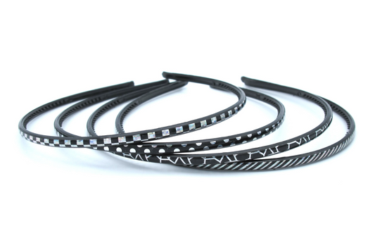 Opal - 4 pack silver laser-foil on black shiny thin 3mm plastic hairbands with dots-squares-lines-scribbles