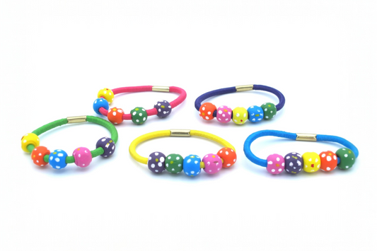 Ellie - 5-Pak Hand Painted Wood Beads Hair Elastics in asst colors