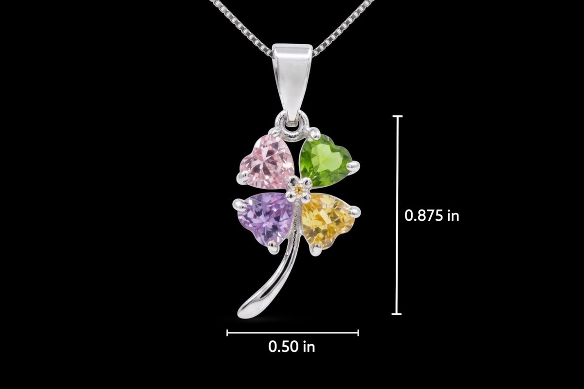 Milah - Pendentif en argent sterling avec 4 zircones cubiques multicolores en forme de cœur en forme de fleur sur une chaîne en argent sterling