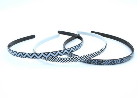 Clio - 3 Pack Asst Printed White/Black Motif Hairbands, Snake Skin-Checkered-Wide Zigzag