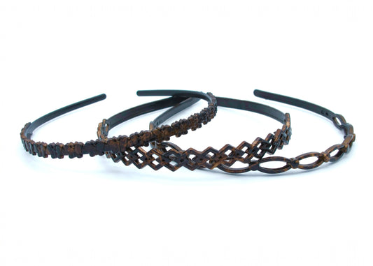 Hollie - 3 pack thin asst hairbands with different designs, in black or tortoise/bronze