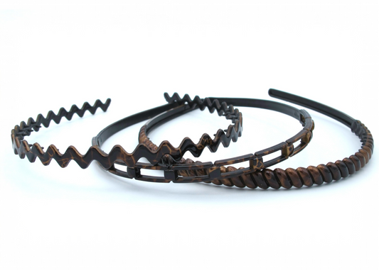 Harlyn - 3 pack Thin Plastic Hairbands, asst designs in Black or Tortoise/Bronze
