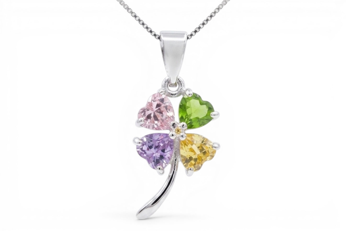 Milah - Pendentif en argent sterling avec 4 zircones cubiques multicolores en forme de cœur en forme de fleur sur une chaîne en argent sterling