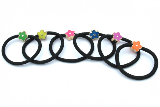 Emily - 6-pak Black Hair Elastics With Asst Color Enamel + Gold Butterfly or Flower Designs
