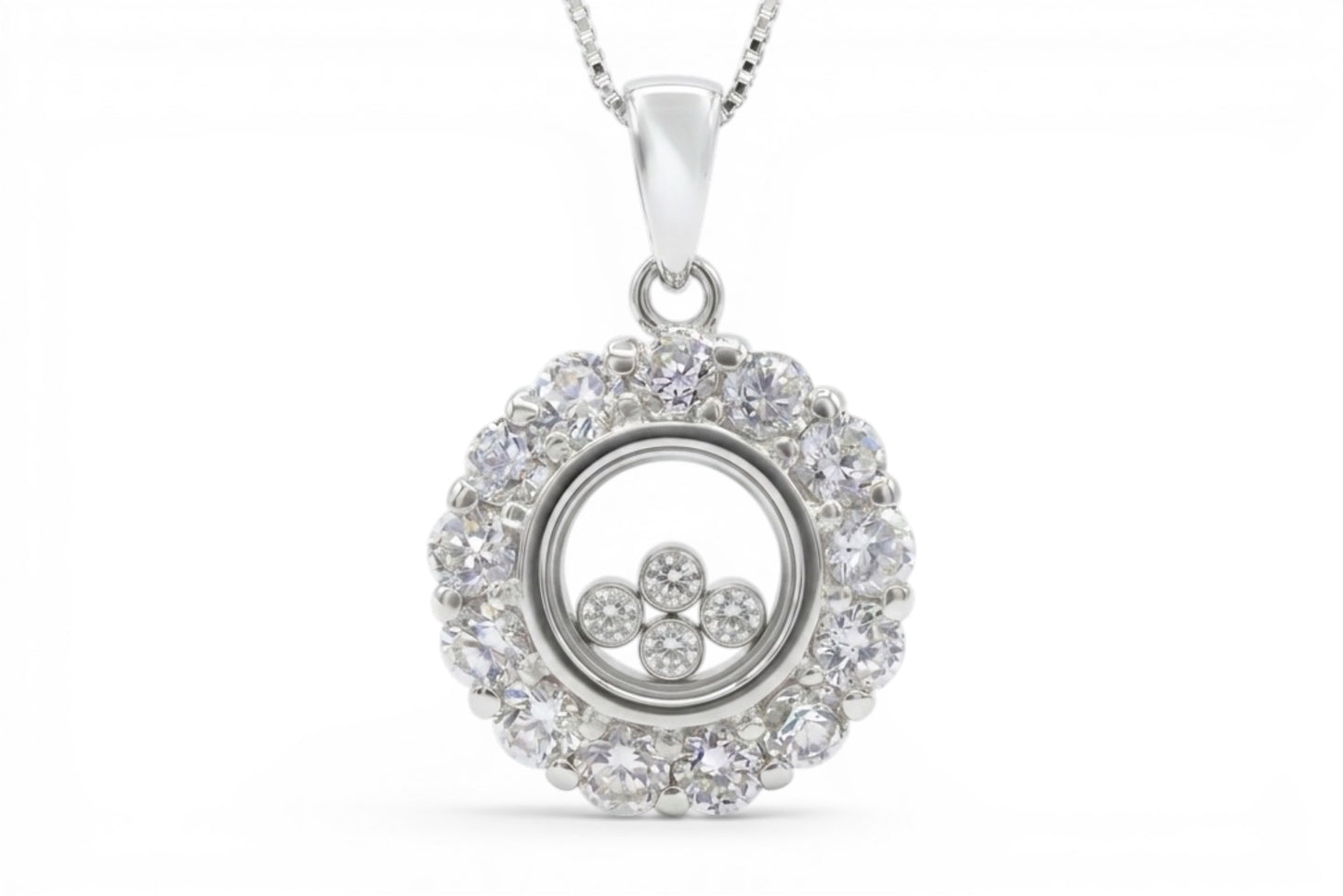 Isabella - Pendentif circulaire en argent sterling avec zircons cubiques flottants sur une chaîne en argent sterling