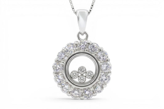 Isabella- Sterling Silver CZ Circular Pendant with Floating CZ’s on a Sterling Silver Chain