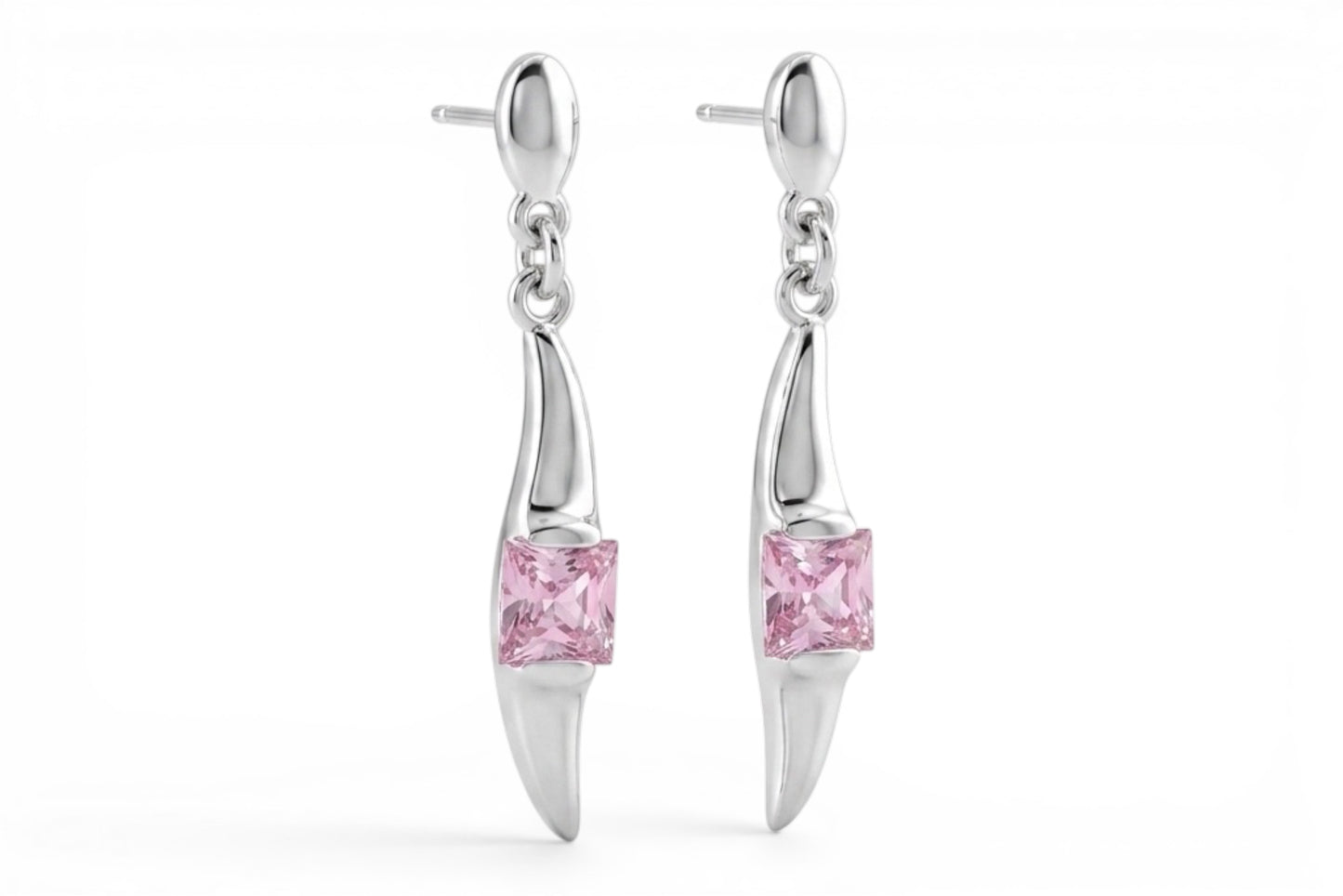 Alice- Sterling Silver 40mm drop post earrings with Pink square CZ