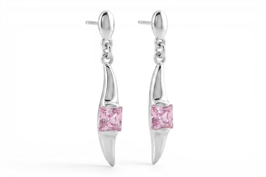 Alice- Sterling Silver 40mm drop post earrings with Pink square CZ