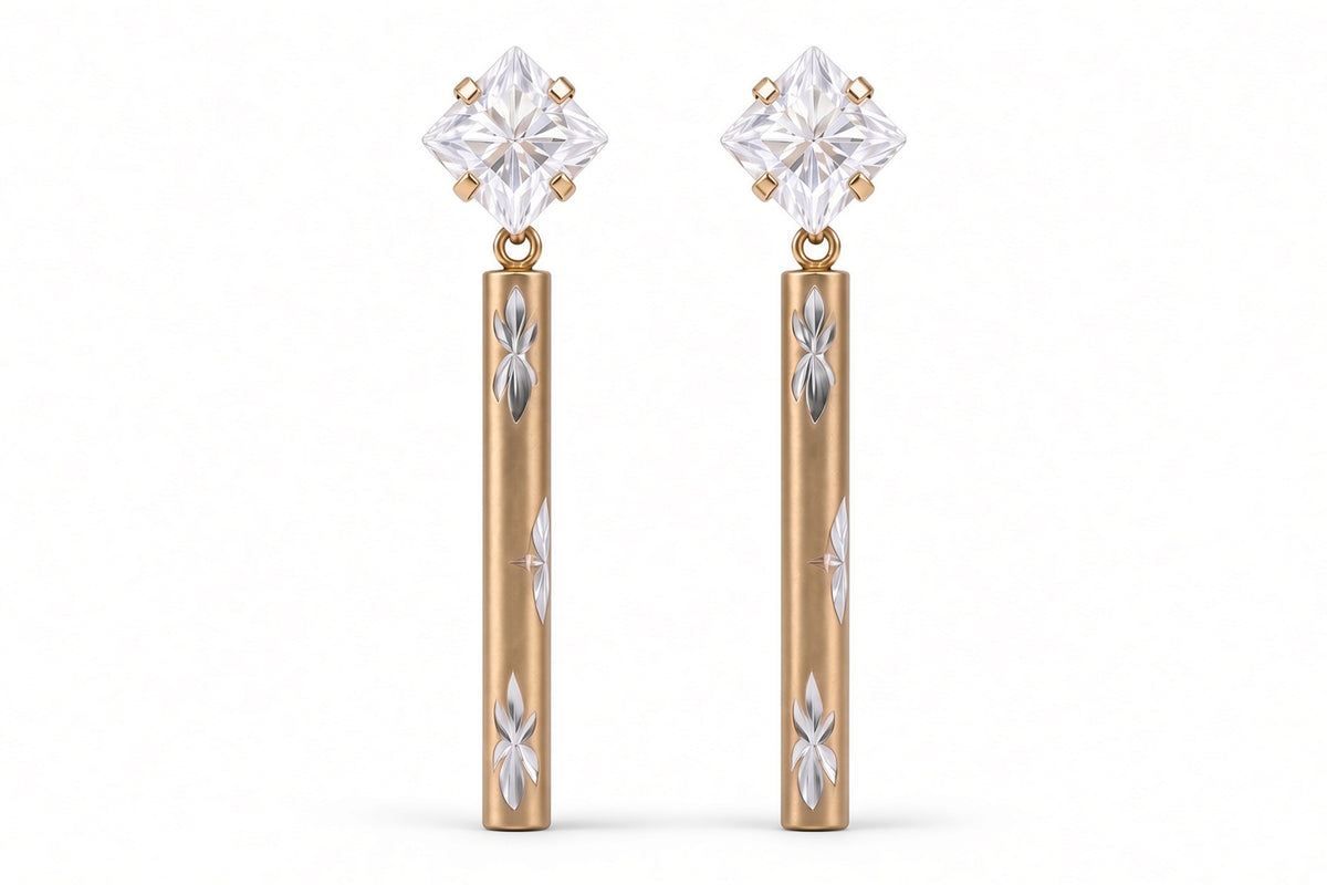Cassia - Boucles d'oreilles pendantes en or 10 carats avec diamants taillés et zircones cubiques de haute qualité