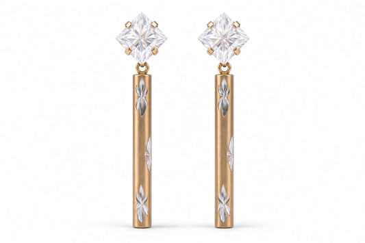 Cassia - Boucles d'oreilles pendantes en or 10 carats avec diamants taillés et zircones cubiques de haute qualité