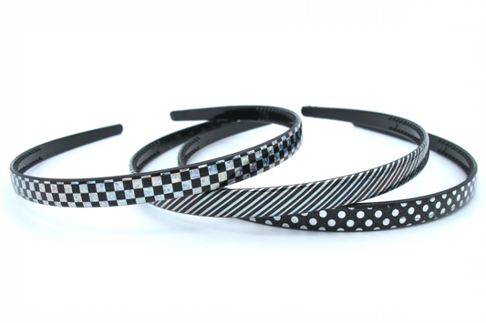 Octavia - 3 pack hairbands in two assortments: shiny laser print checkerboard-lines-dots or printed black/white lines-dots+shiny laser stars