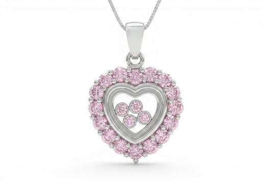 Madison- Sterling Silver CZ Heart Pendant with Floating CZ's on a Sterling Silver Chain