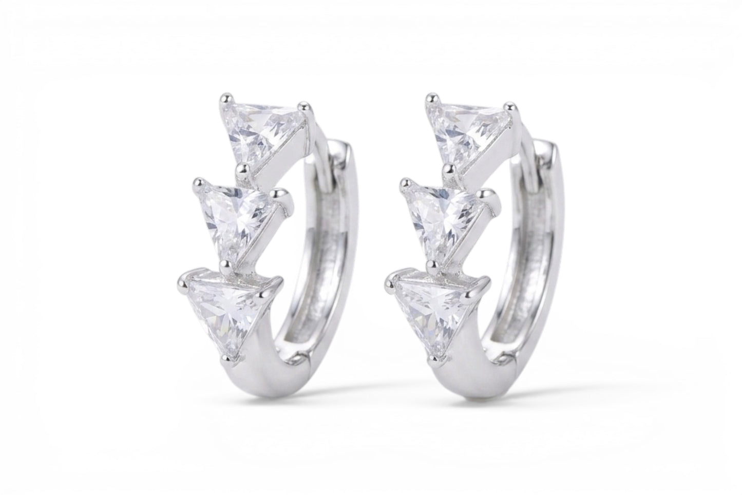 Zoe- Sterling Silver 15mm Huggie earrings set with 3 high quality triangular CZ stones