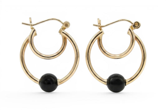 Luna- 10KT Gold Double Hoop 20mm Earring with Black Bead