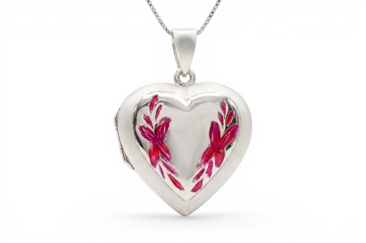 Maria - Sterling Silver Locket with engraved enamel motif on a Sterling Silver chain