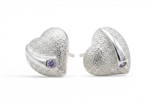 Mira- Sterling Silver 15mm heart shape stud earrings with lilac crystal
