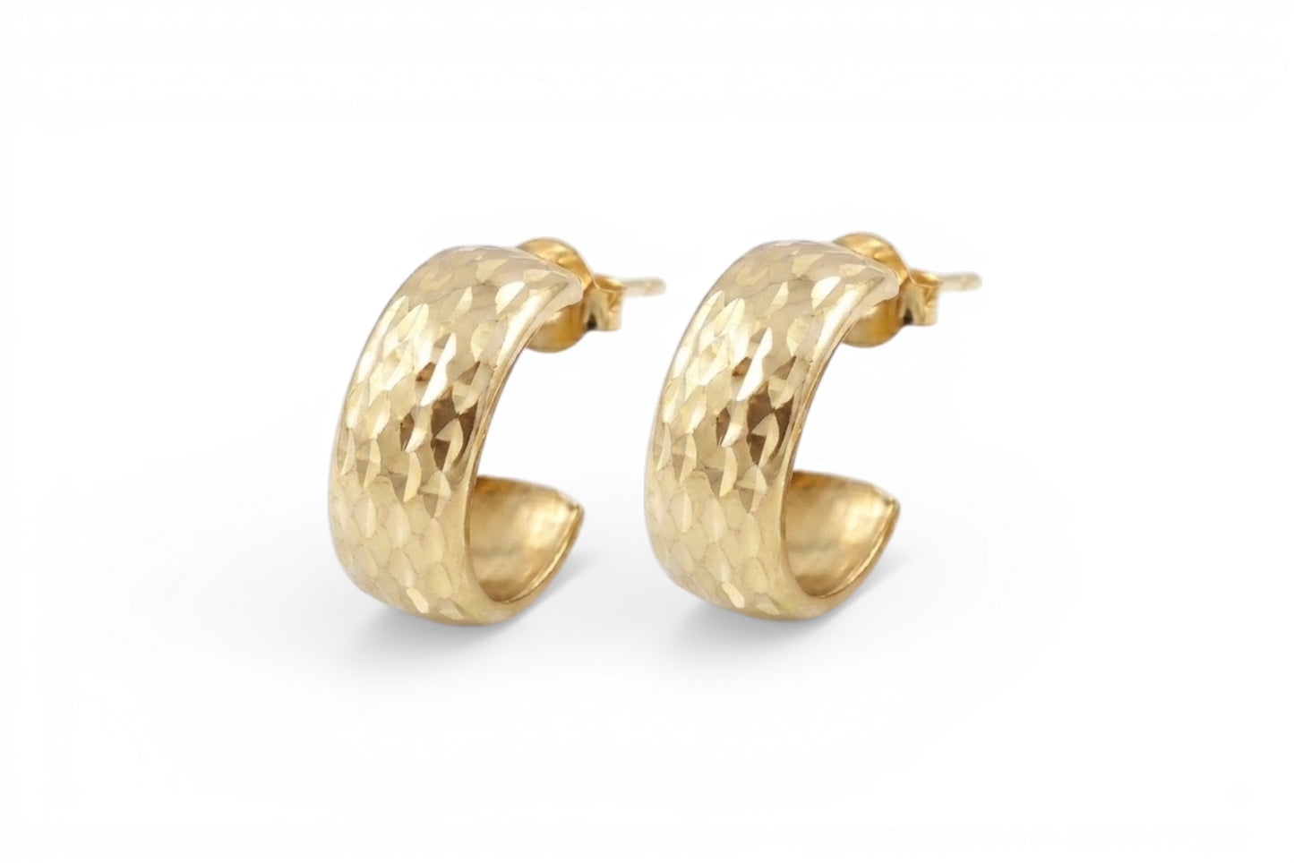 Sadie- 10KT Gold Mini Semi-Dome 13mm Hammered Motif earrings with 10KT butterfly backs
