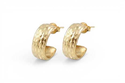 Sadie- 10KT Gold Mini Semi-Dome 13mm Hammered Motif earrings with 10KT butterfly backs