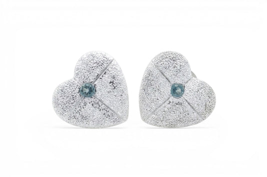 Selene- Sterling Silver 12mm heart shaped stud earrings cross engraved with aqua crystal