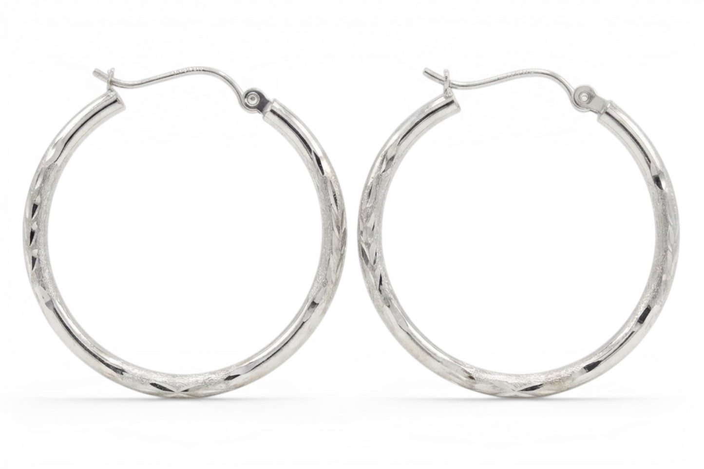 Silvana- 14KT White Gold 28mm diamond cut motif tubular hoop earrings