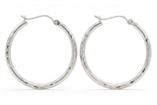 Silvana- 14KT White Gold 28mm diamond cut motif tubular hoop earrings