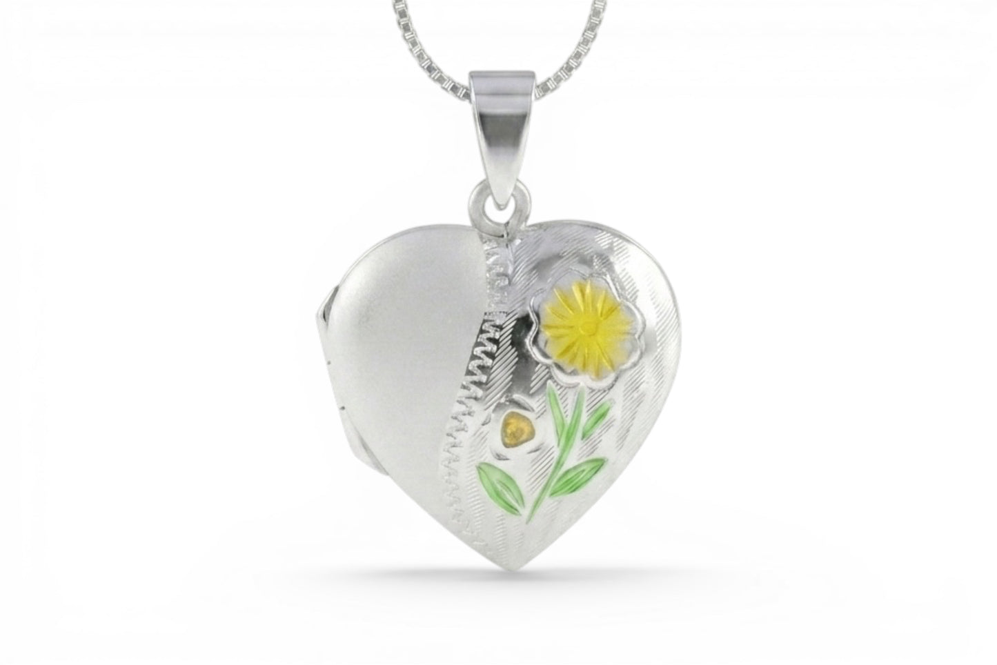 Sylvie- Yellow/Green Flower Sterling Silver Enameled Locket on a Sterling Silver Chain